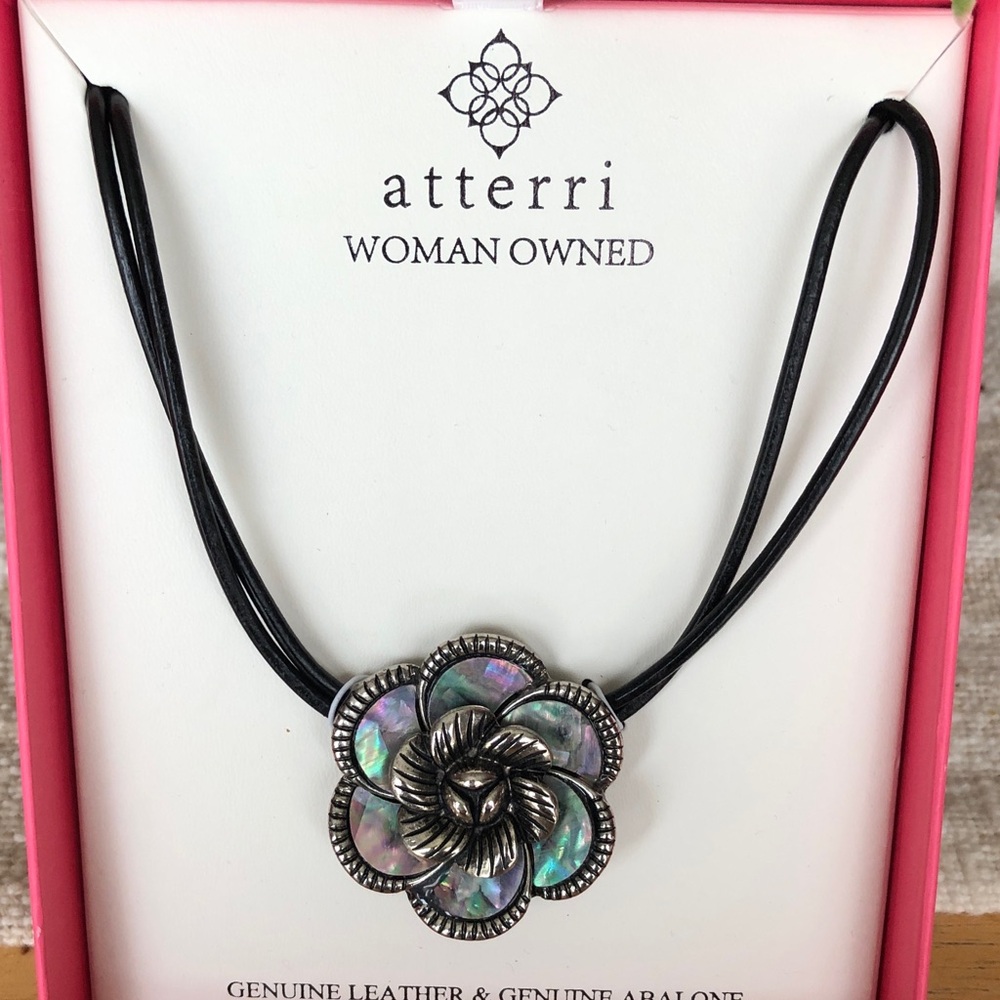 Atterri Black Leather Necklace Silver Tone Flower Pendant Abalone Accents NIB